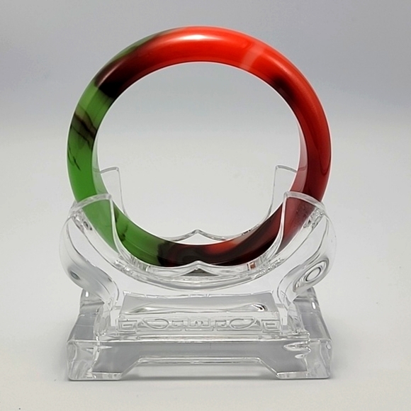 VTG Inspired Abstract Jade Bangle Chicken Blood Red & Golden Silk Glass Bracelet - Picture 4 of 11